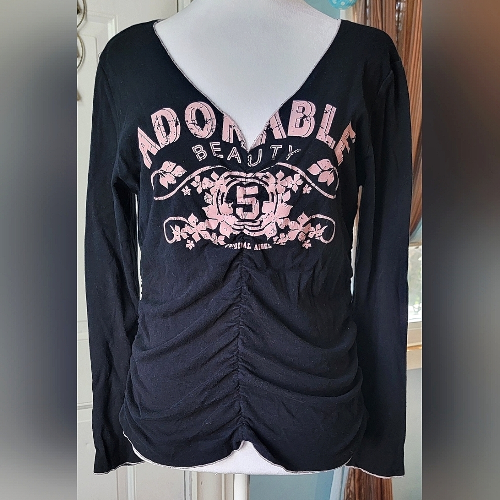 Y2K Vintg Graphic Print Ruched Long Sleeved Top Womens XL Black Pink 100% Cotton
